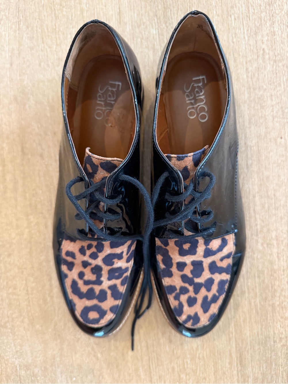 Franco Sarto Black Patent Leopard Print Oxford Shoes Women’s 9M
